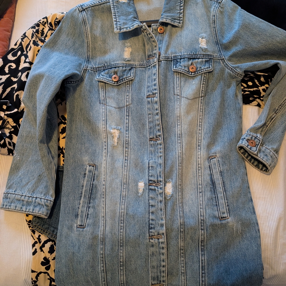 Tribal Light Blue Distressed Long Jean Jacket - Picture 3 of 3